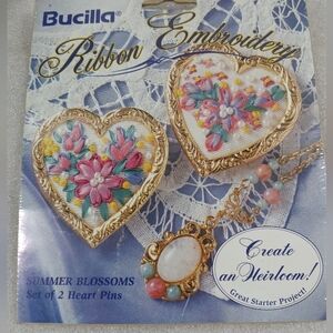 Bucilla Summer Blossoms Ribbon Embroidery Heart Pins 40998 Project Kit 1994